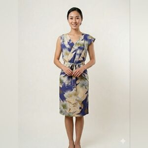 Foley + Corinna Silk Unique Print Pleated Dress Asymmetrical Yellow Blue Small